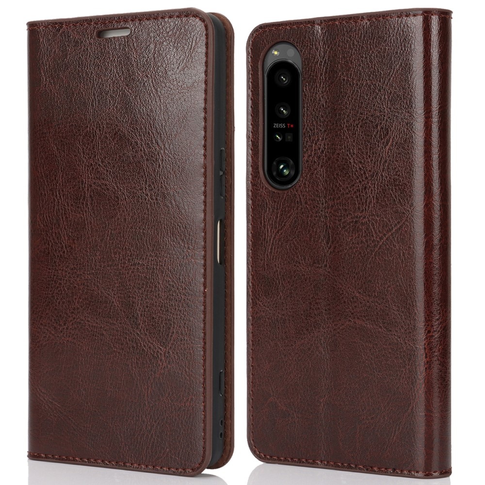 Coque portefeuille en cuir Veritable Sony Xperia 1 VI, marron foncé