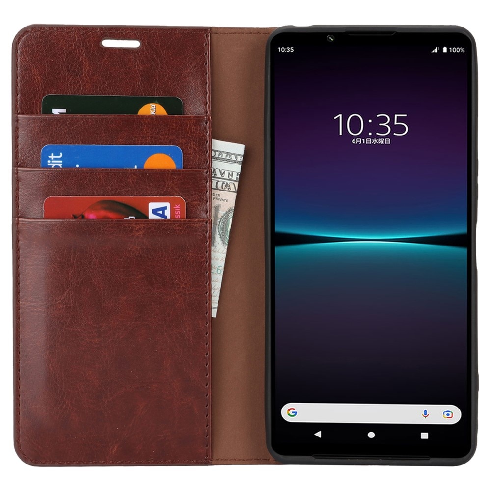 Coque portefeuille en cuir Veritable Sony Xperia 1 VI, Marron foncé