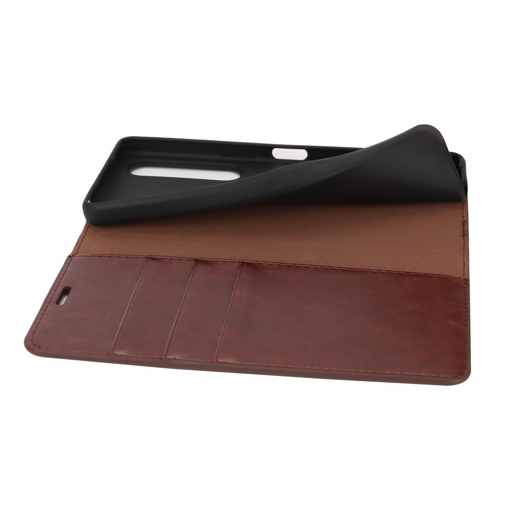 Coque portefeuille en cuir Veritable Sony Xperia 1 VI, Marron foncé