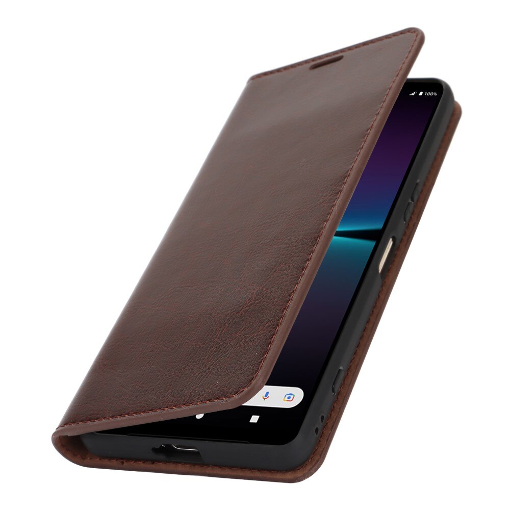 Coque portefeuille en cuir Veritable Sony Xperia 1 VI, Marron foncé