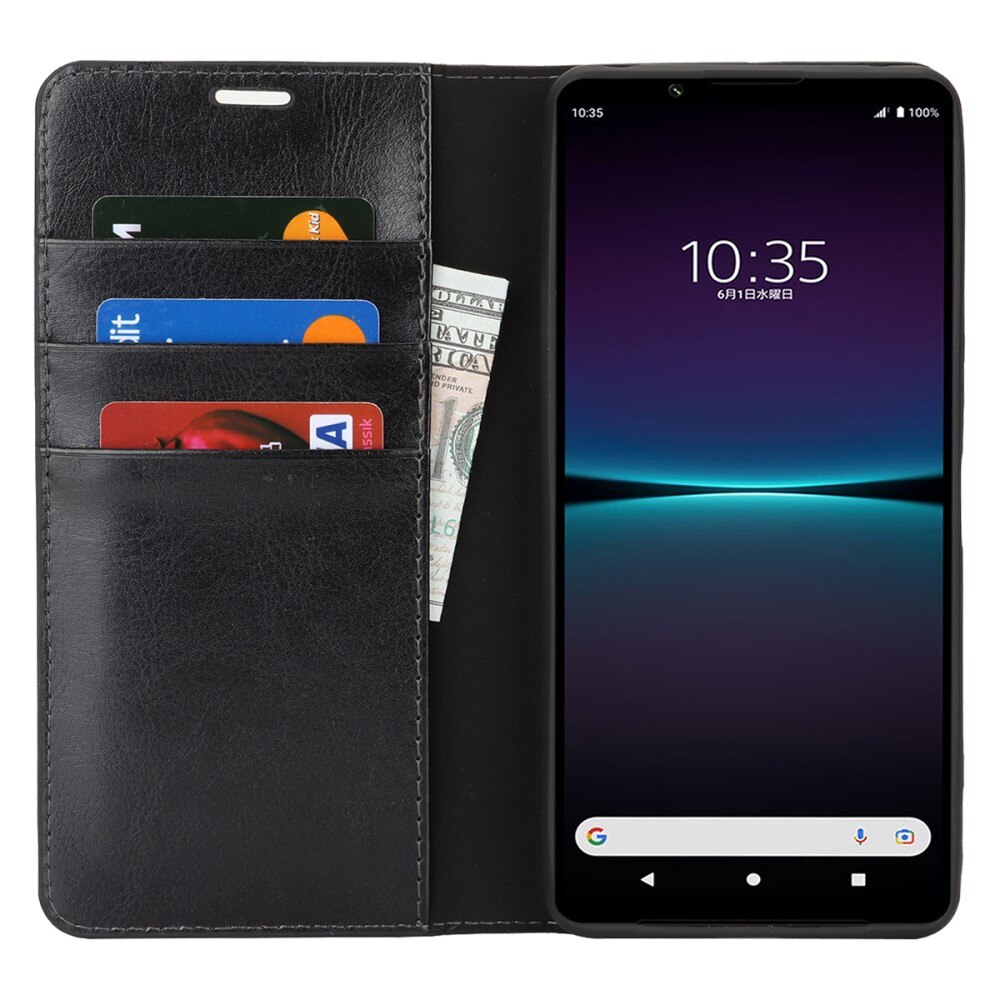 Coque portefeuille en cuir Veritable Sony Xperia 1 VI, Noir