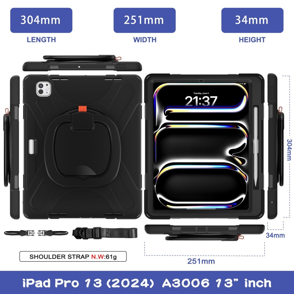 Coque hybride avec béquille et bandoulière iPad Pro 13 7th Gen (2024), noir