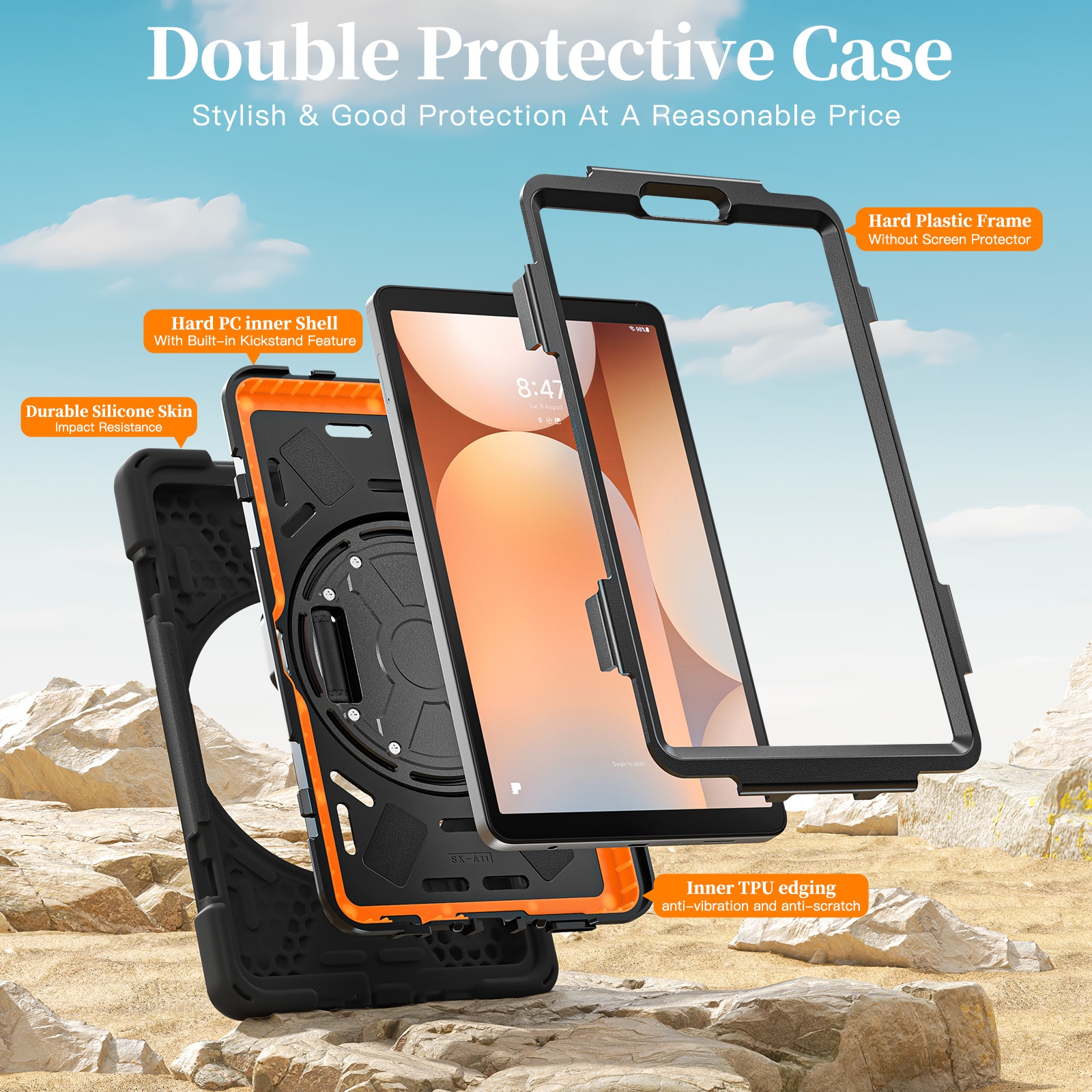 Coque hybride antichoc avec bandoulière Samsung Galaxy Tab A11 Plus, noir