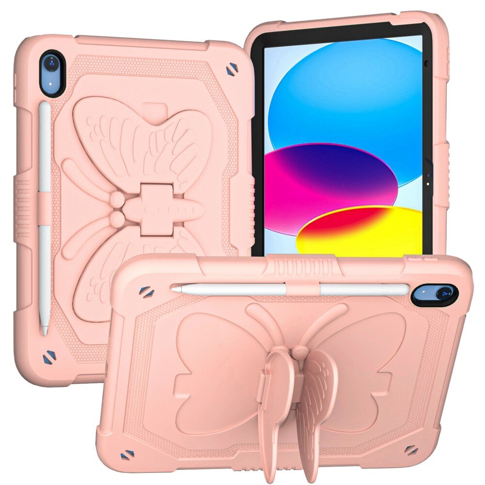 Coque hybride à papillons pour iPad 10.9 10th Gen (2022) avec bandoulière rose