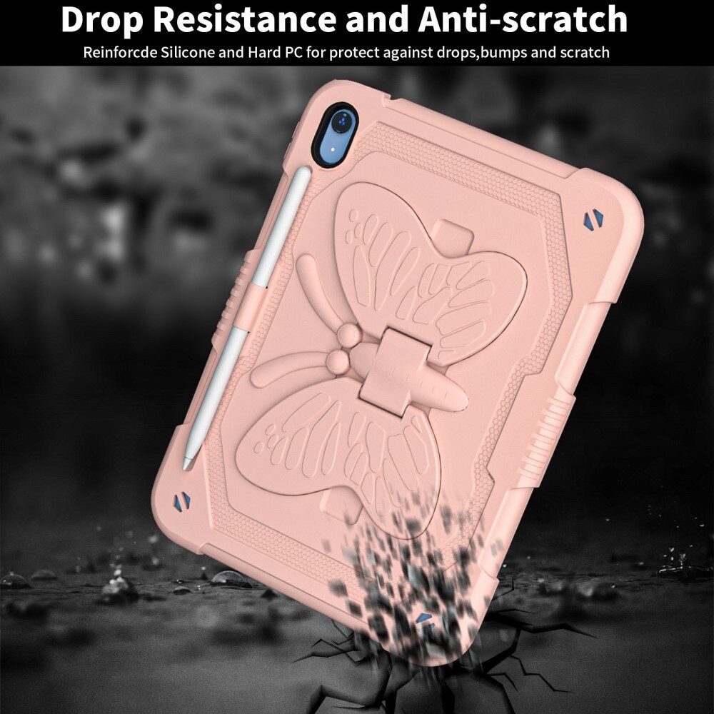 Coque hybride à papillons pour Apple iPad 11 11th Gen (2025) avec bandoulière rose