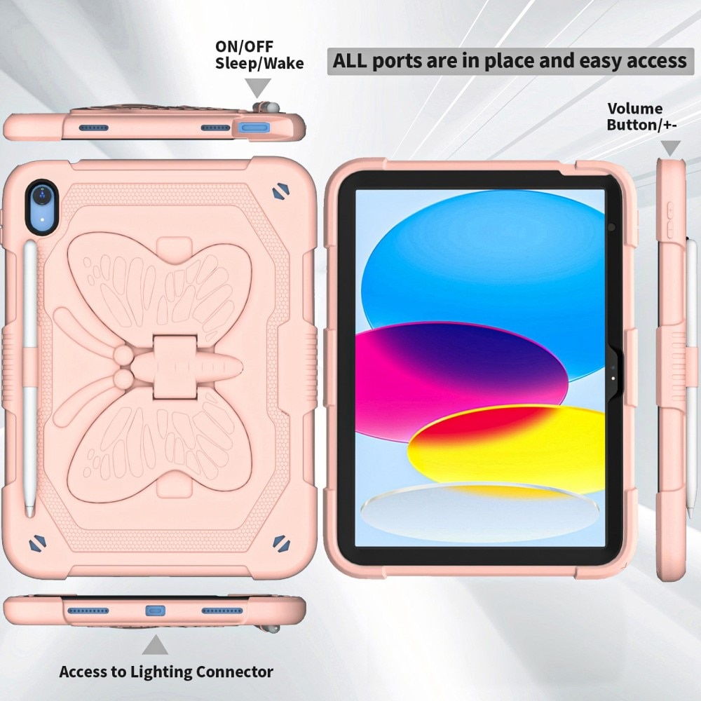 Coque hybride à papillons pour Apple iPad 11 11th Gen (2025) avec bandoulière rose