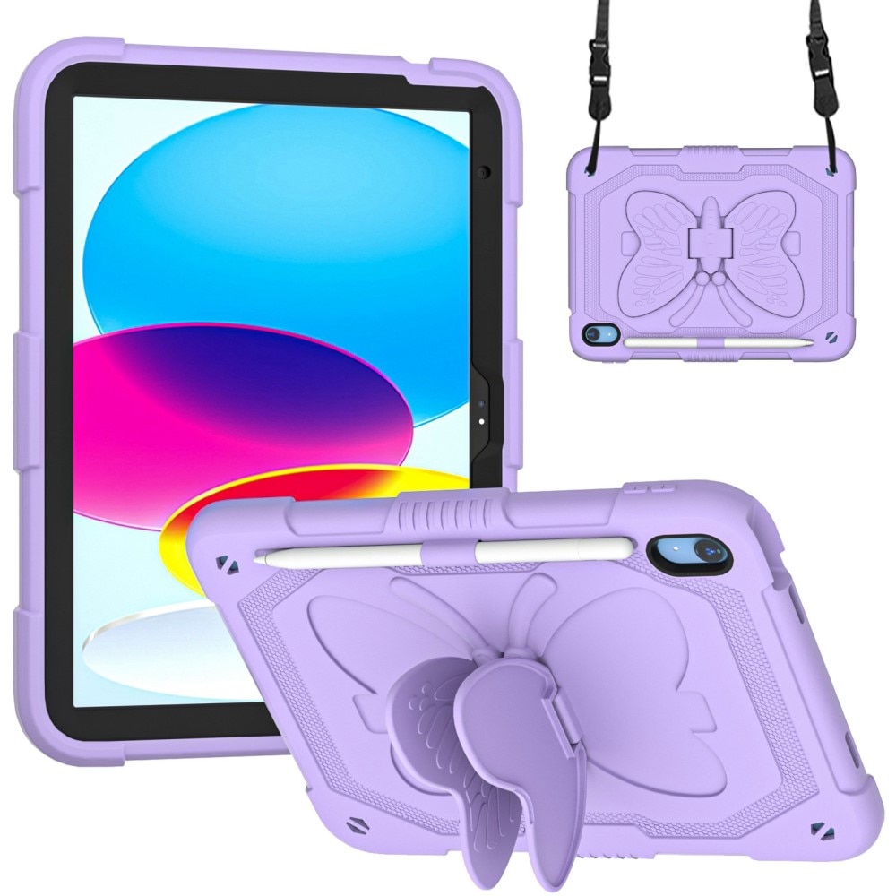 Coque hybride à papillons pour Apple iPad 11 11th Gen (2025) avec bandoulière violet