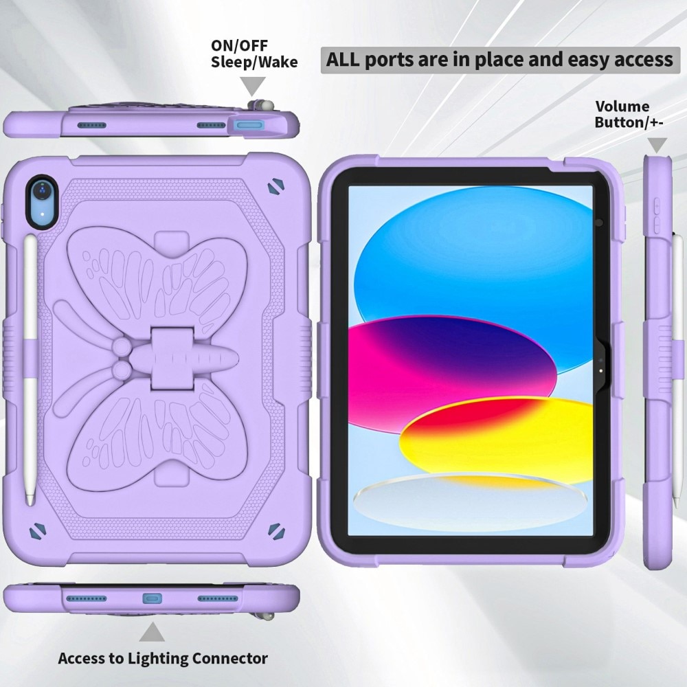 Coque hybride à papillons pour iPad 10.9 10th Gen (2022) avec bandoulière violet