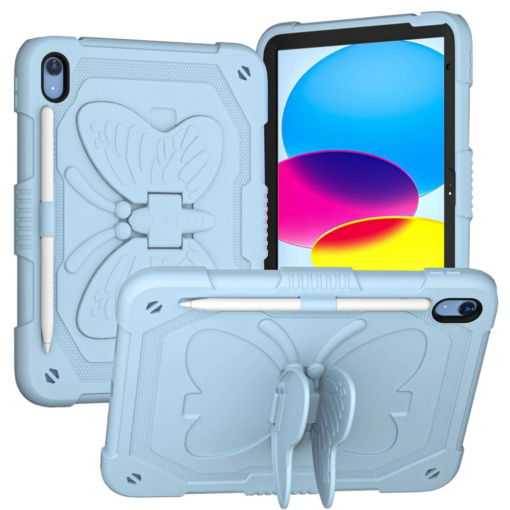 Coque hybride à papillons pour Apple iPad 11 11th Gen (2025) avec bandoulière bleu