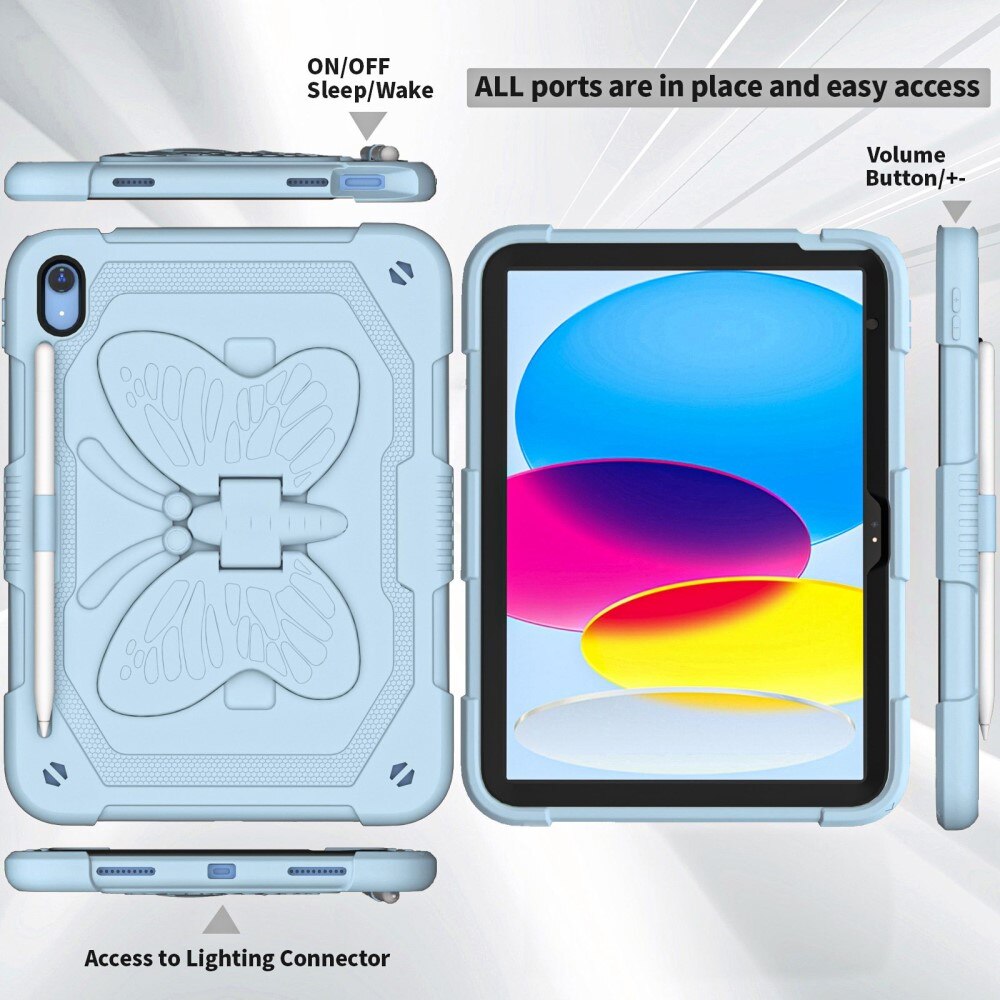 Coque hybride à papillons pour Apple iPad 11 11th Gen (2025) avec bandoulière bleu