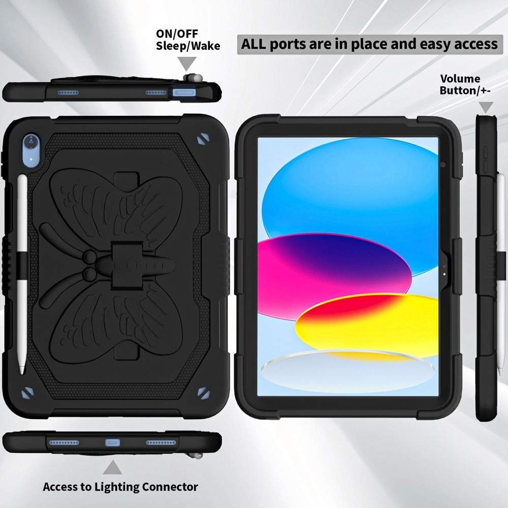 Coque hybride à papillons pour iPad 10.9 10th Gen (2022) avec bandoulière noir