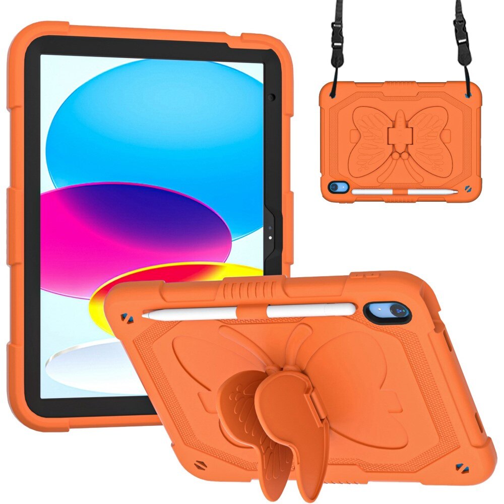 Coque hybride à papillons pour iPad 10.9 10th Gen (2022) avec bandoulière orange