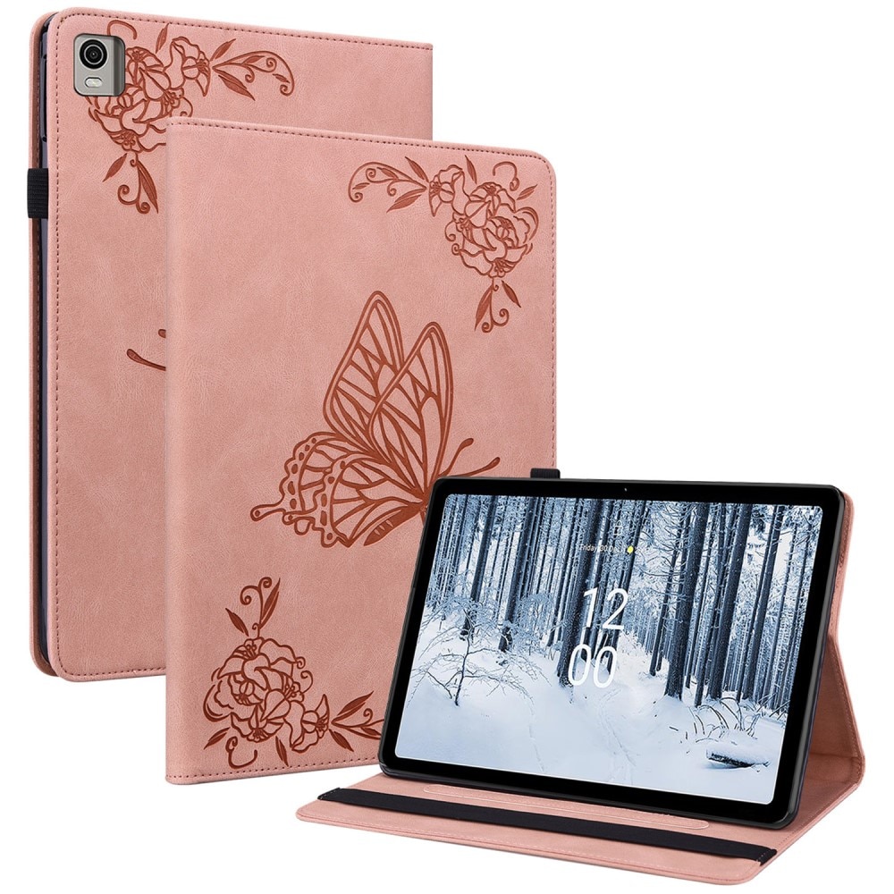 Étui en cuir avec papillons Nokia T21, rose
