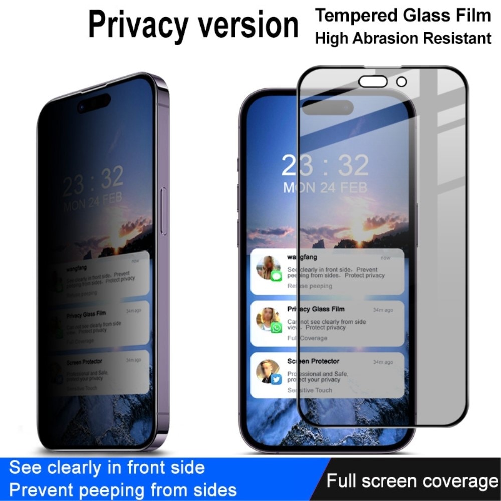 Protecteur d'écran complet de confidentialité en verre trempé iPhone 14 Pro noir