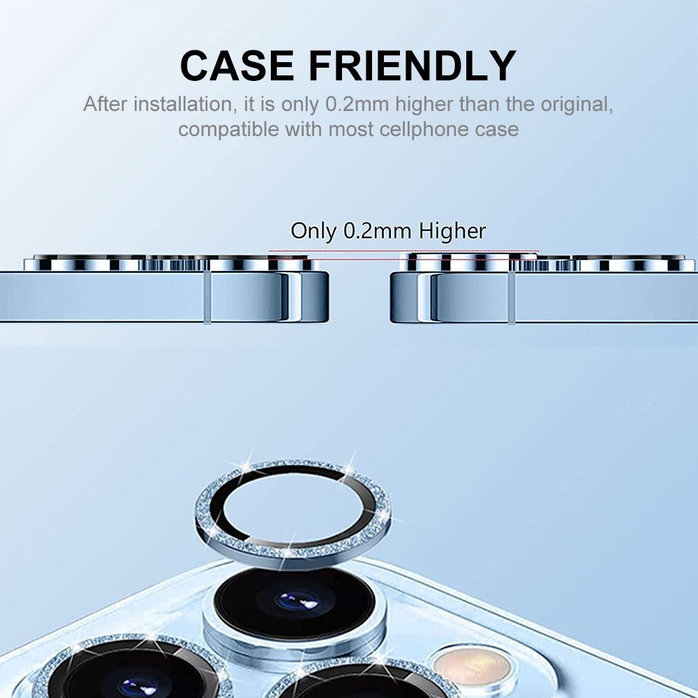 Protecteur d'objectif aluminium scintillant + Verre trempé iPhone 15, bleu
