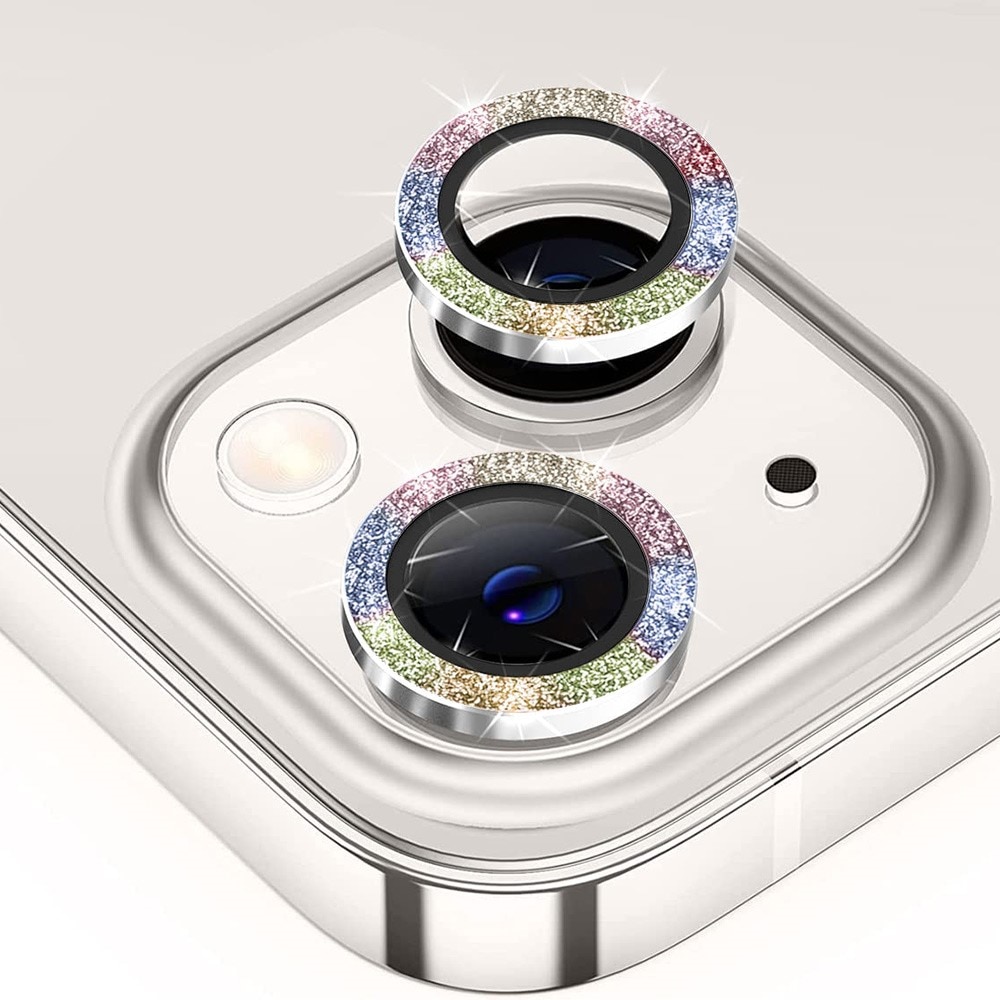 Protecteur d'objectif aluminium scintillant + Verre trempé iPhone 15 Plus, arc-en-ciel