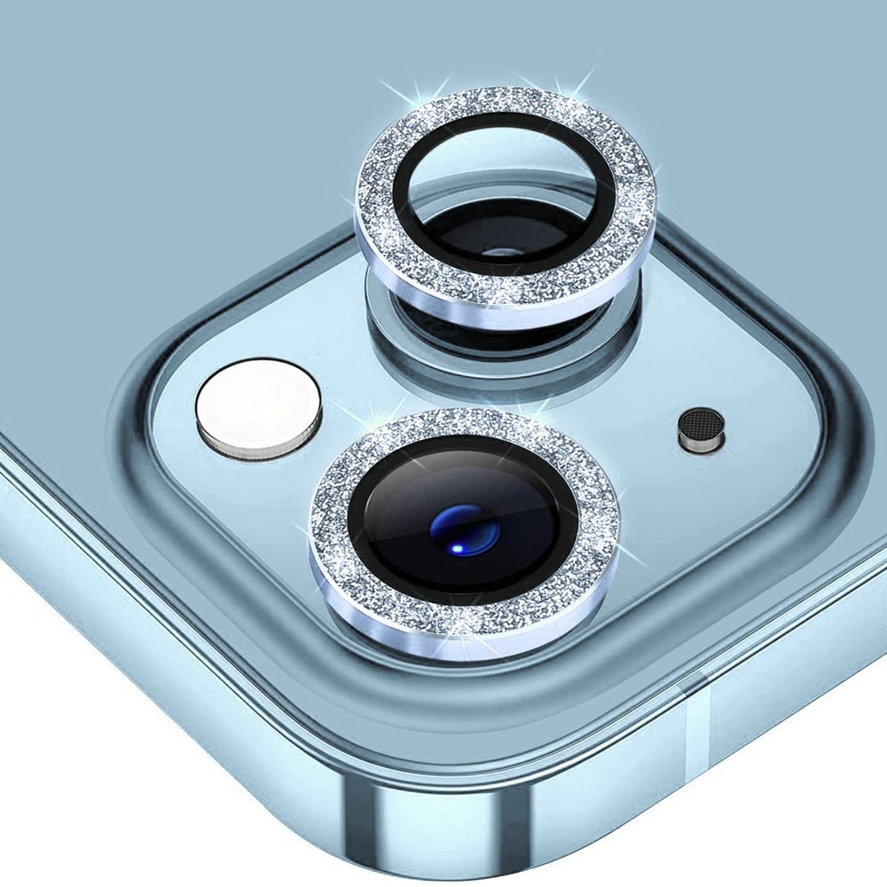 Protecteur d'objectif aluminium scintillant + Verre trempé iPhone 15 Plus, bleu clair