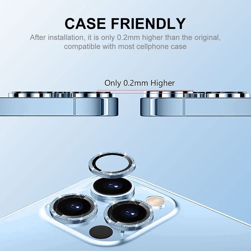 Protecteur d'objectif aluminium scintillant + Verre trempé iPhone 15 Pro Max, bleu clair
