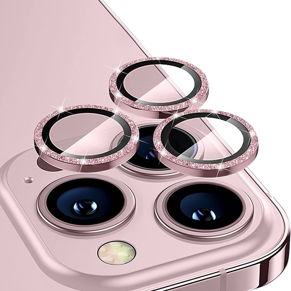Protecteur d'objectif aluminium scintillant + Verre trempé iPhone 15 Pro Max, rose