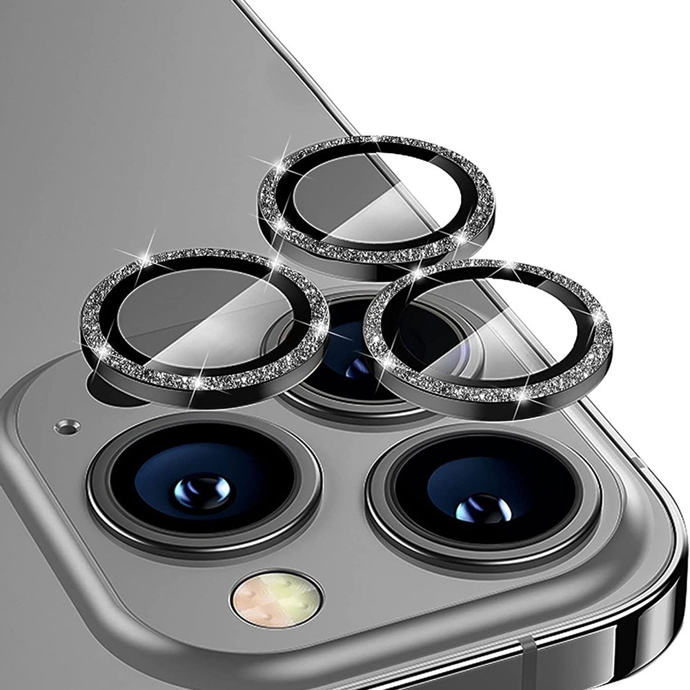 Protecteur d'objectif aluminium scintillant + Verre trempé iPhone 15 Pro, noir