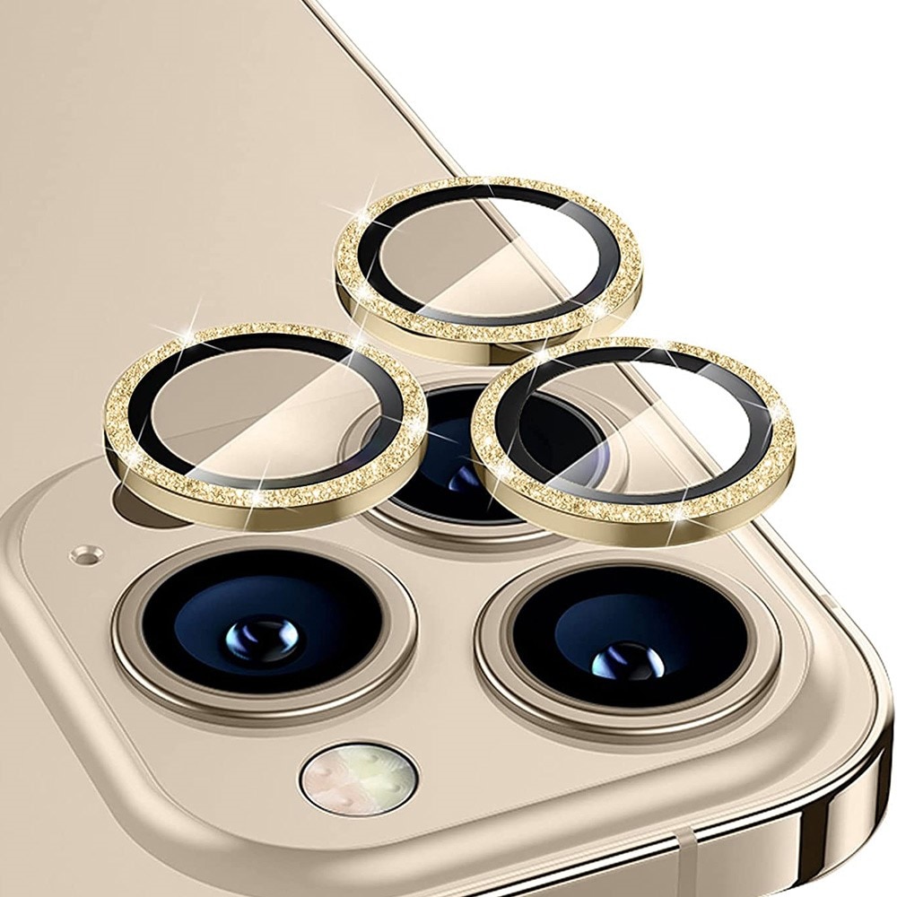 Protecteur d'objectif aluminium scintillant + Verre trempé iPhone 15 Pro, or