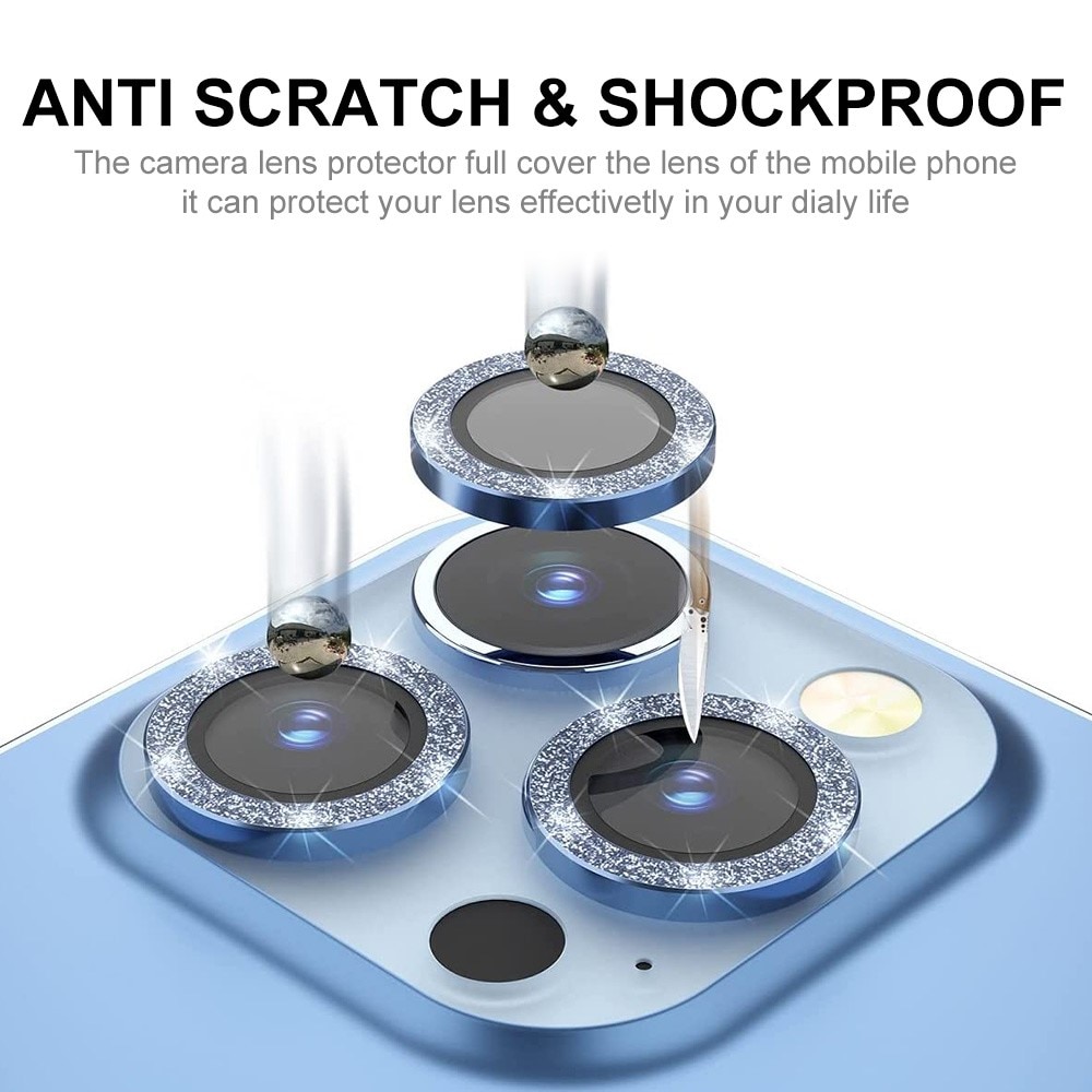 Protecteur d'objectif aluminium scintillant + Verre trempé iPhone 15 Pro Max, bleu
