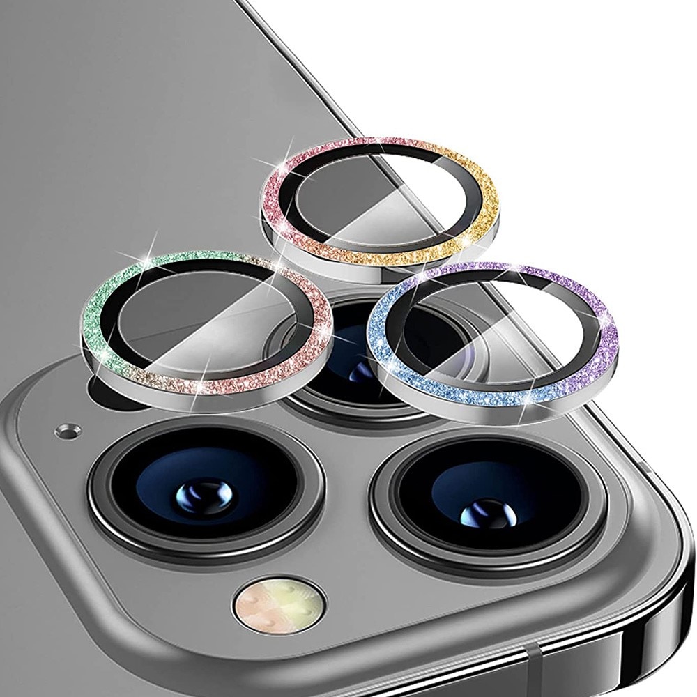 Protecteur d'objectif aluminium scintillant + Verre trempé iPhone 15 Pro, arc-en-ciel