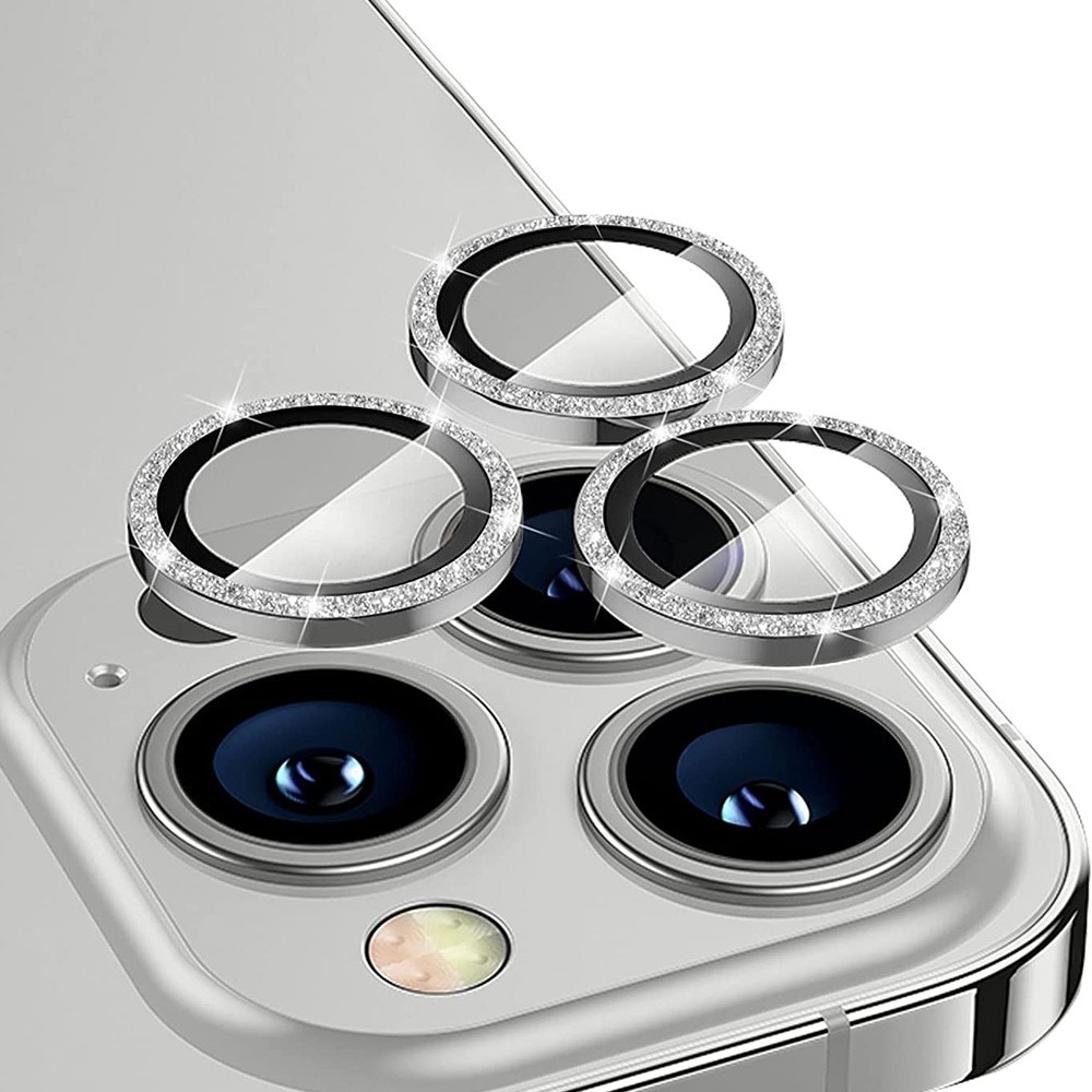 Protecteur d'objectif aluminium scintillant + Verre trempé iPhone 15 Pro, argent