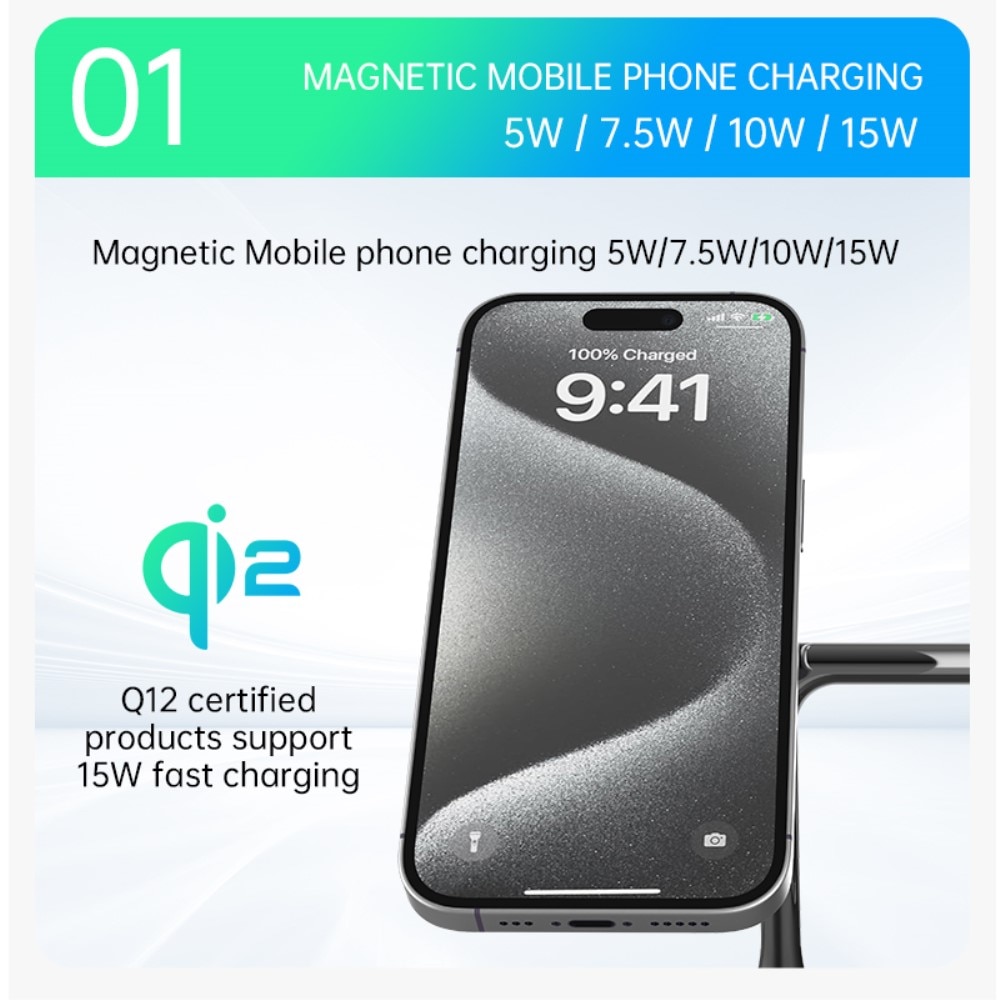Apple iPhone 15 Pro Max Station de Charge Sans Fil 3-en-1 Qi2 MagSafe, noir
