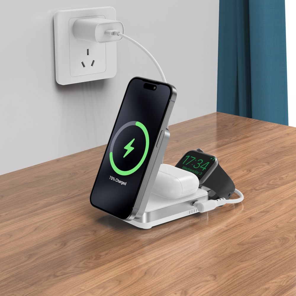 Compact 3-en-1 Qi2 Station de Charge Magnétique Sans Fil Pliable, Blanc