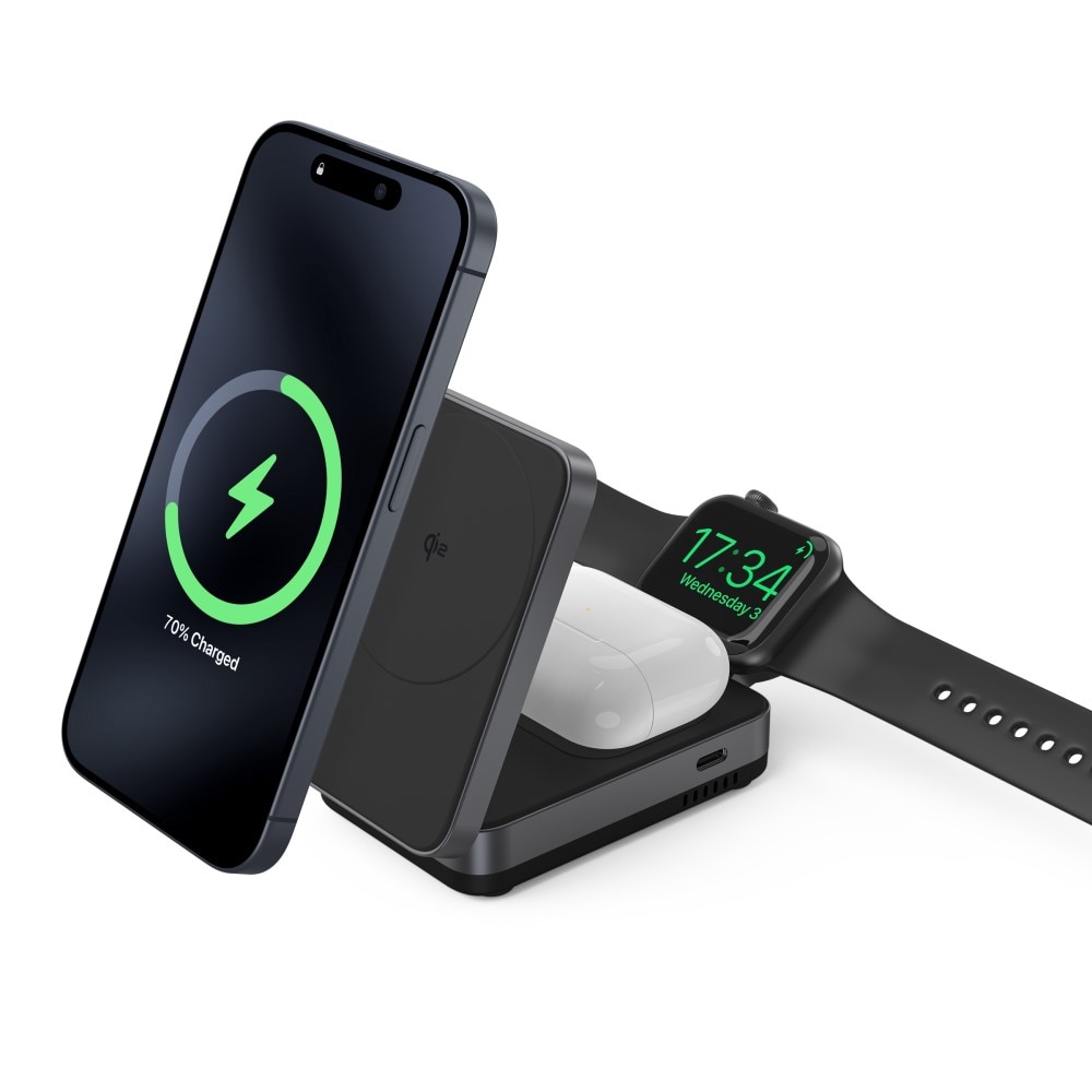 Compact 3-en-1 Qi2 Station de Charge Magnétique Sans Fil Pliable, Noir