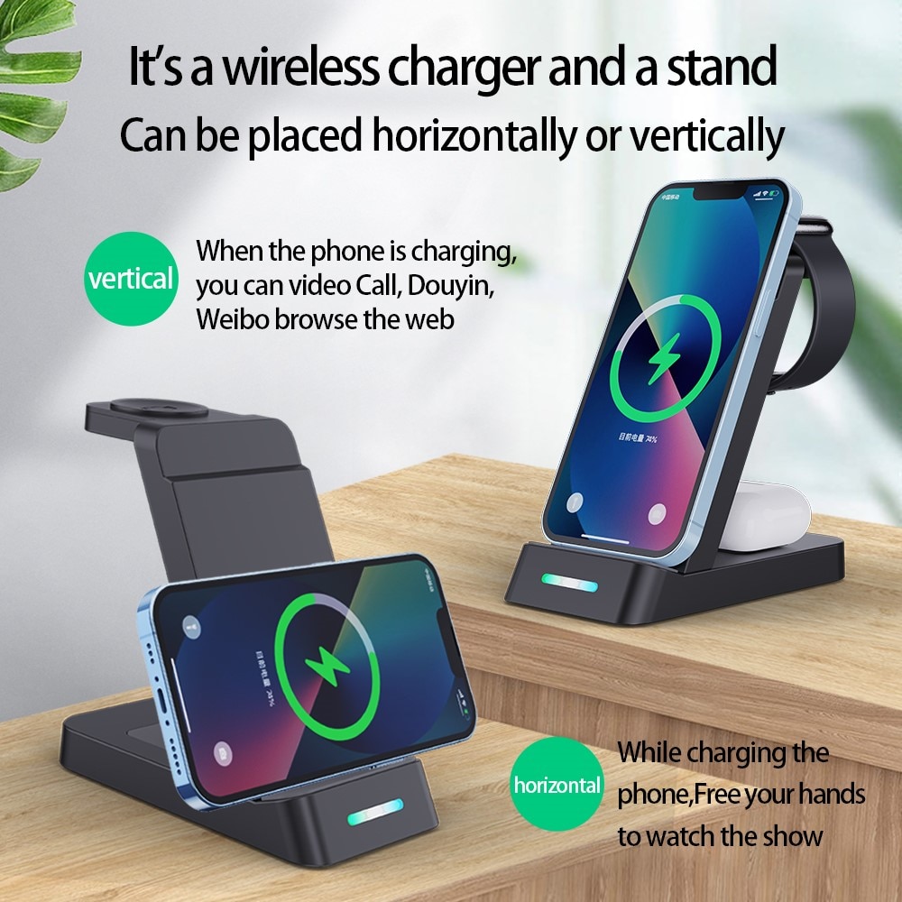 Station de charge sans fil 3 en 1 pour Apple, noir