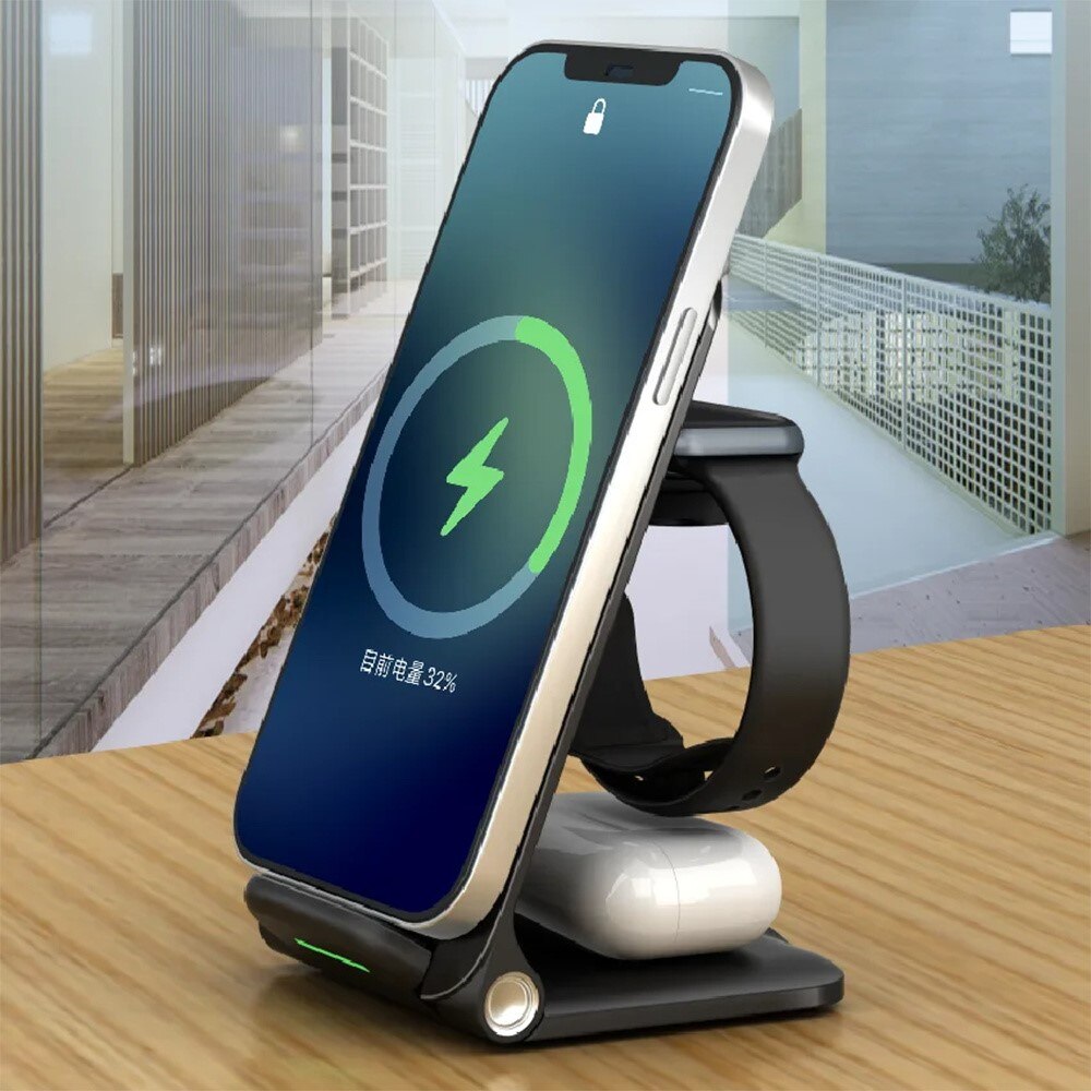 3-in-1 Chargeur Sans Fil Pliable 15W, noir