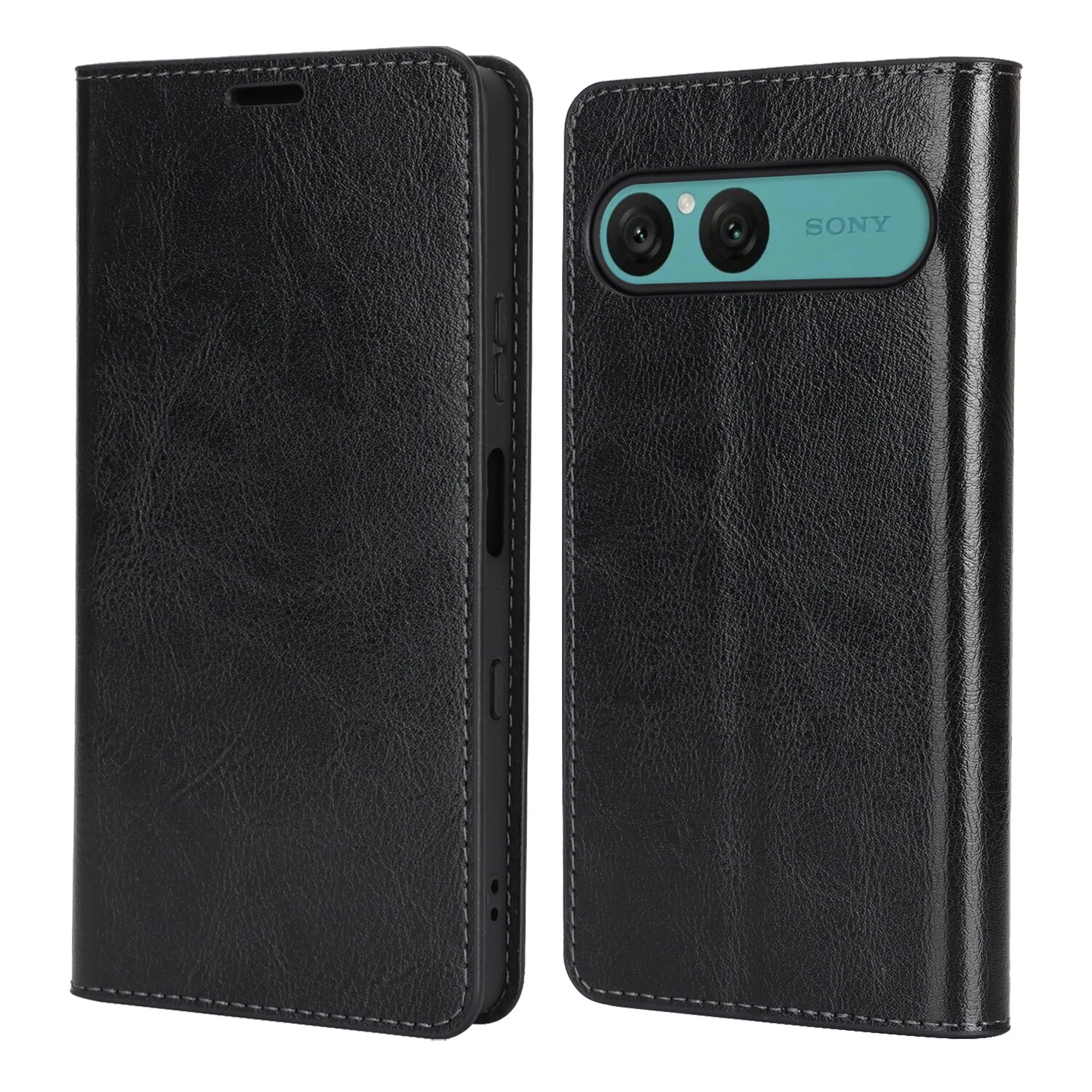 Coque portefeuille en cuir Veritable Sony Xperia 10 VII, Noir