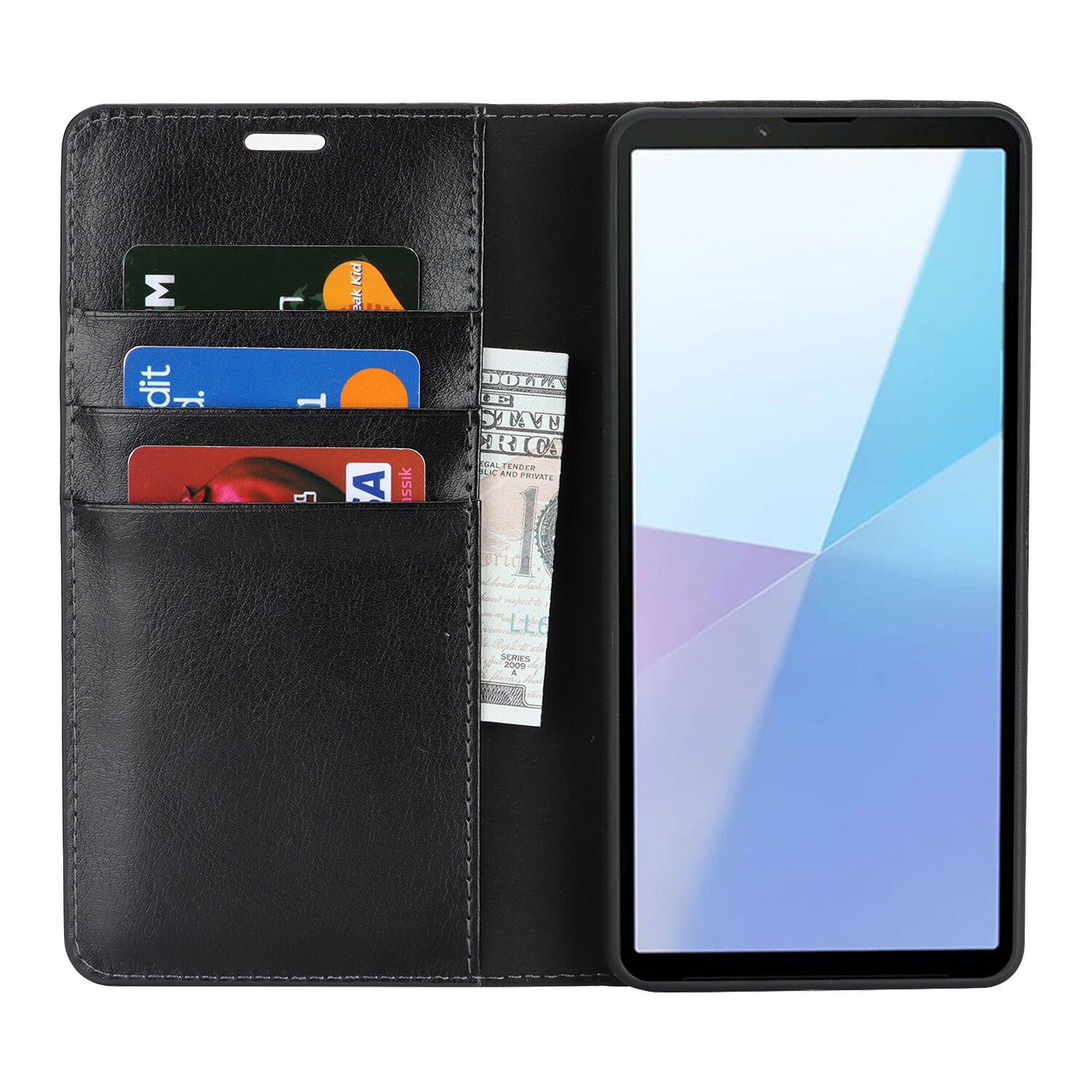 Coque portefeuille en cuir Veritable Sony Xperia 10 VII, Noir