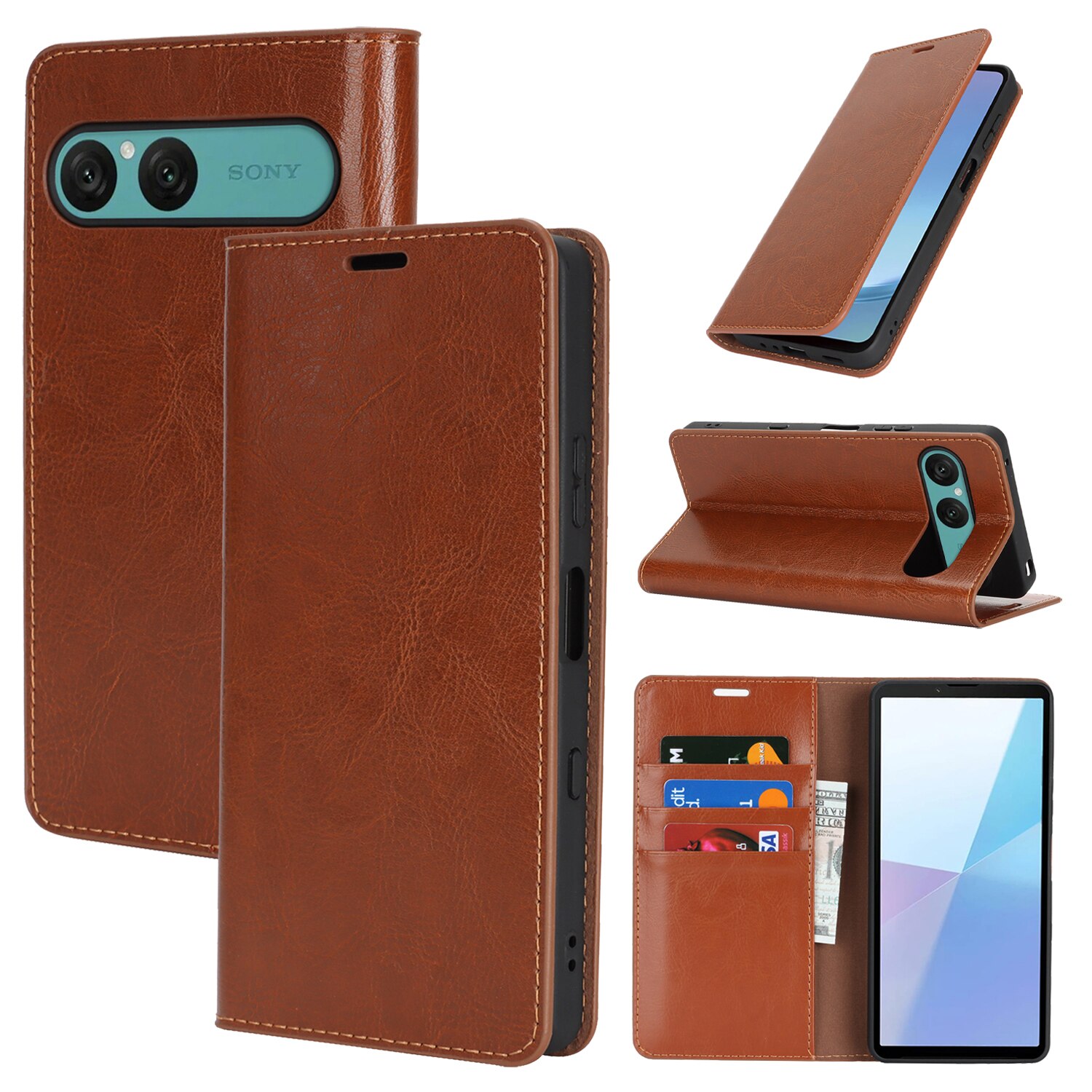 Coque portefeuille en cuir Veritable Sony Xperia 10 VII, Marron
