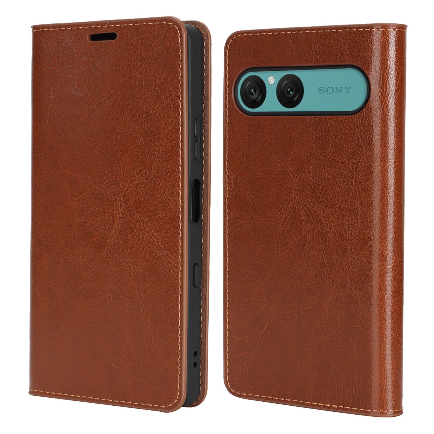 Coque portefeuille en cuir Veritable Sony Xperia 10 VII, Marron