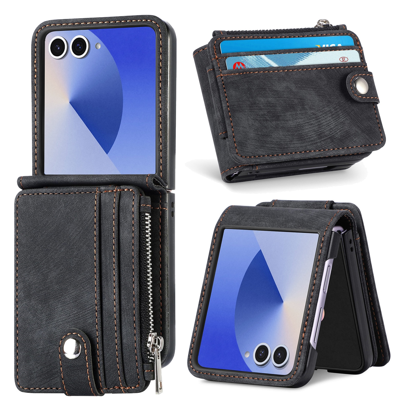 Coque portefeuille Zipper Multi-Slot Samsung Galaxy Z Flip 7, Noir