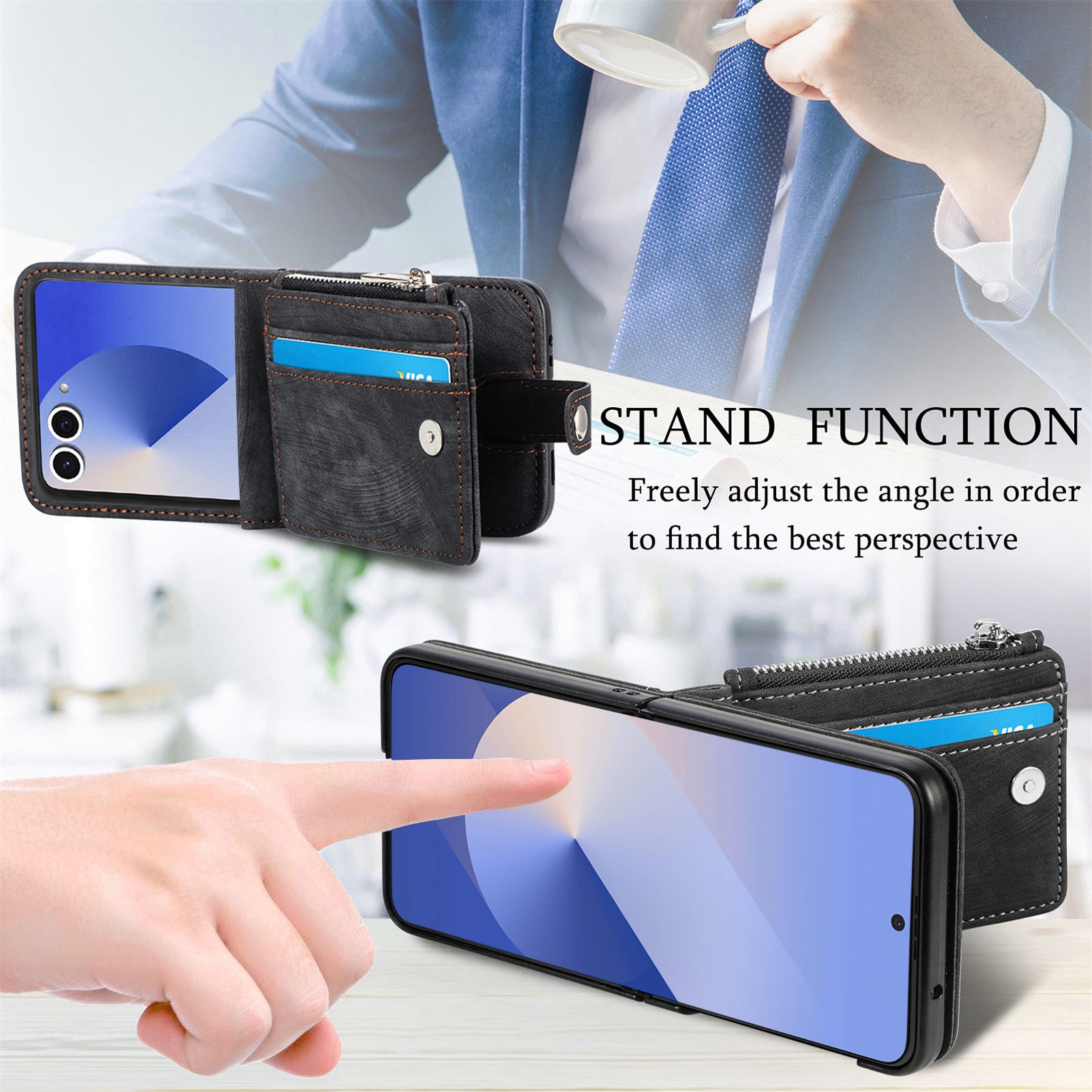 Coque portefeuille Zipper Multi-Slot Samsung Galaxy Z Flip 7, Noir
