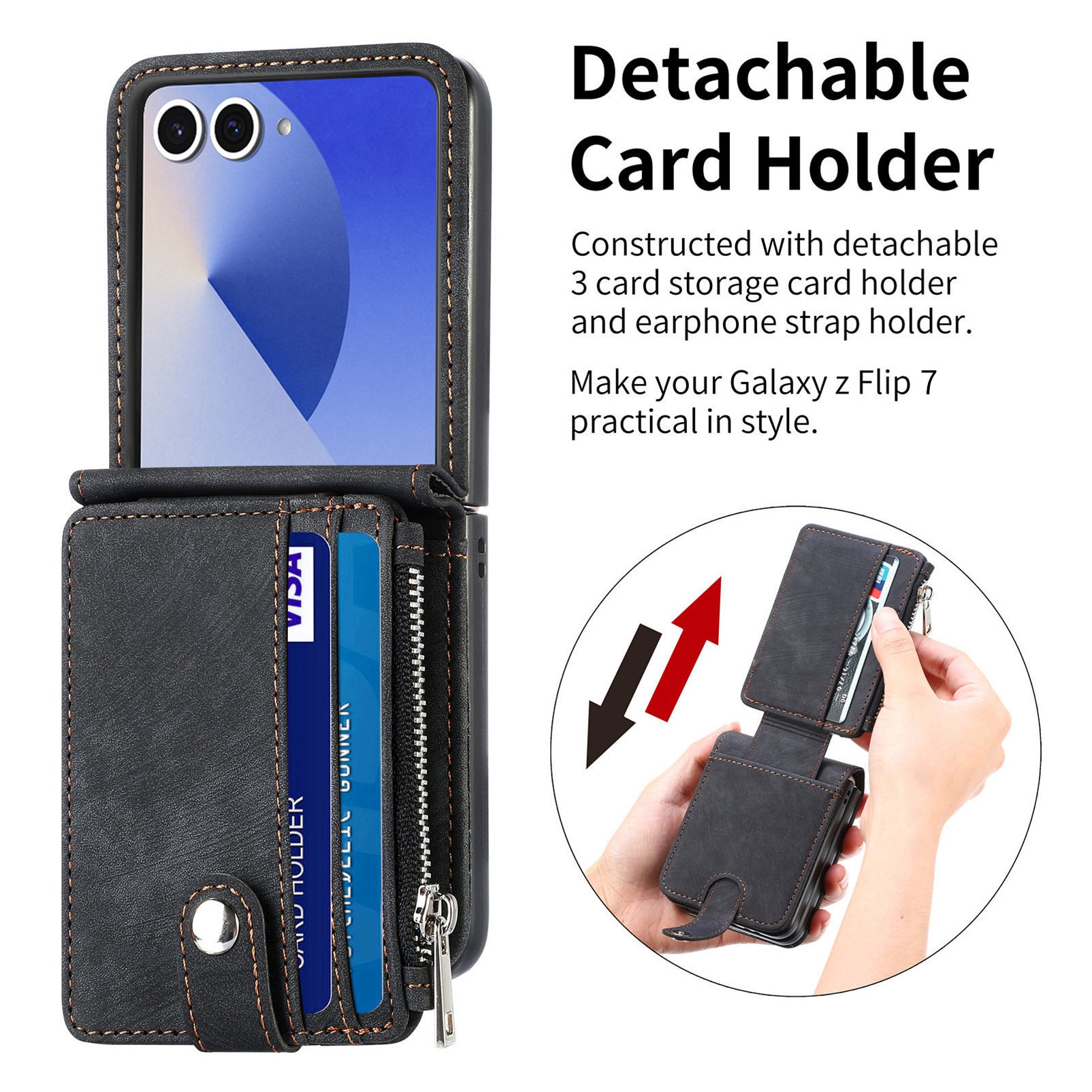 Coque portefeuille Zipper Multi-Slot Samsung Galaxy Z Flip 7, Noir