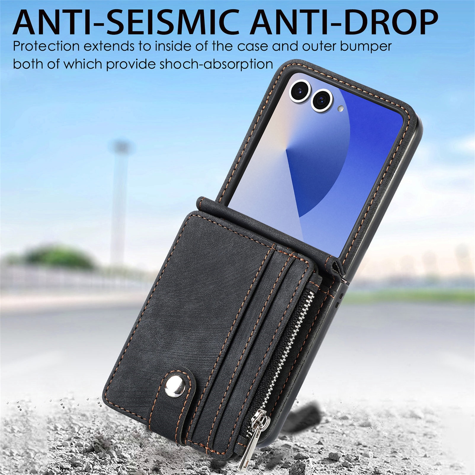 Coque portefeuille Zipper Multi-Slot Samsung Galaxy Z Flip 7, Noir