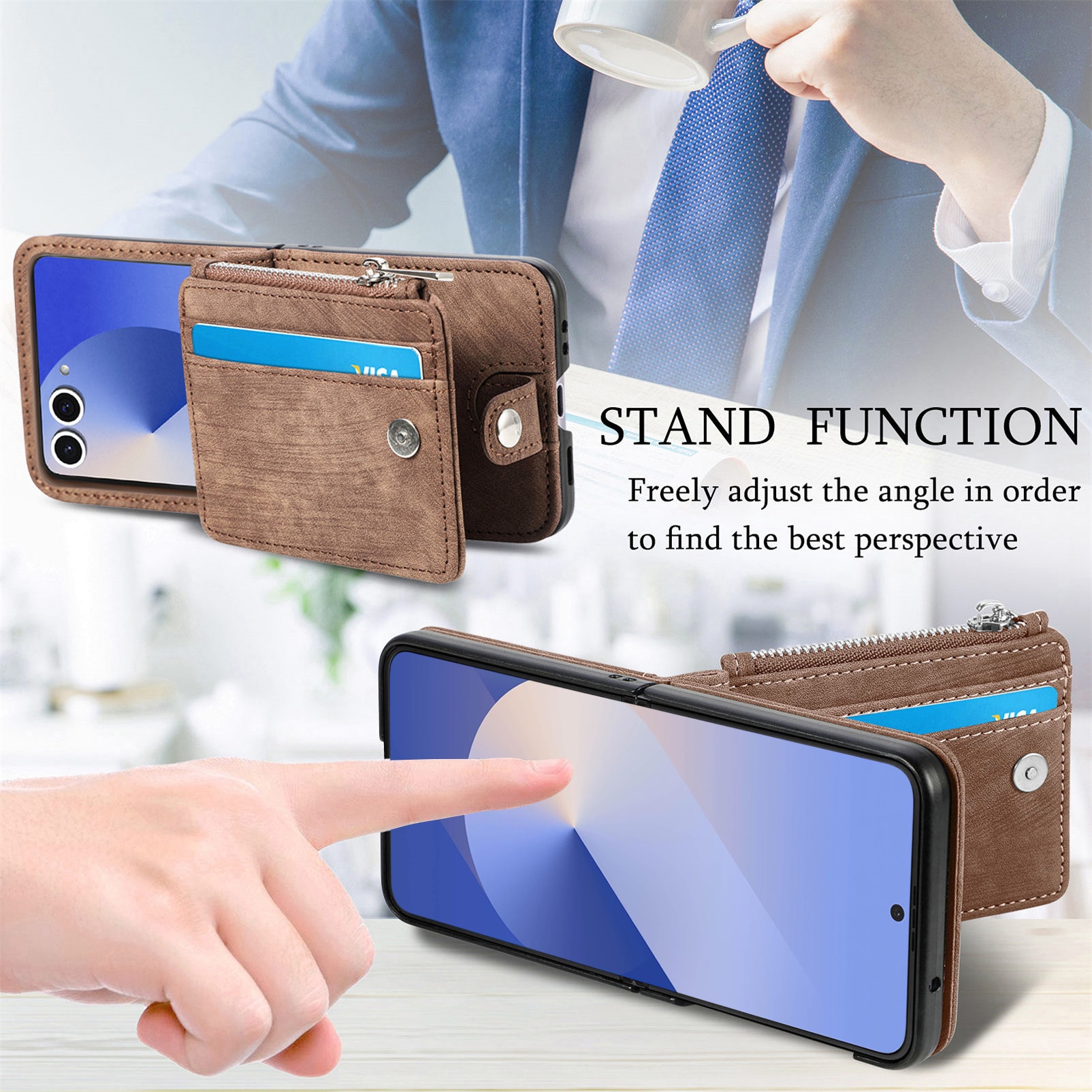 Coque portefeuille Zipper Multi-Slot Samsung Galaxy Z Flip 7, Marron