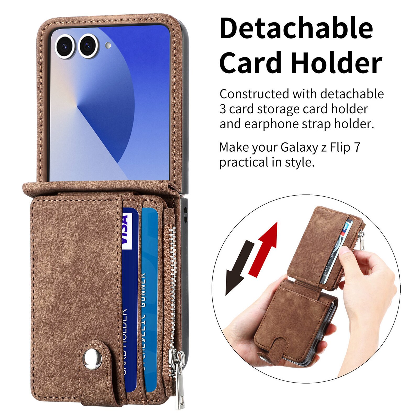 Coque portefeuille Zipper Multi-Slot Samsung Galaxy Z Flip 7, Marron
