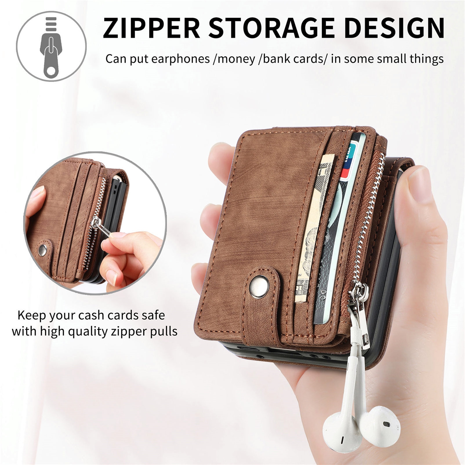 Coque portefeuille Zipper Multi-Slot Samsung Galaxy Z Flip 7, Marron