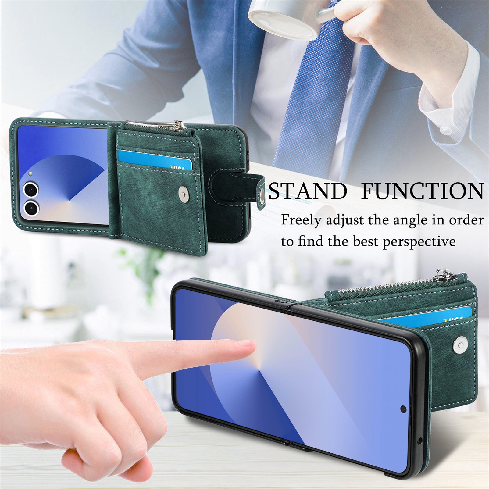 Coque portefeuille Zipper Multi-Slot Samsung Galaxy Z Flip 7, Vert