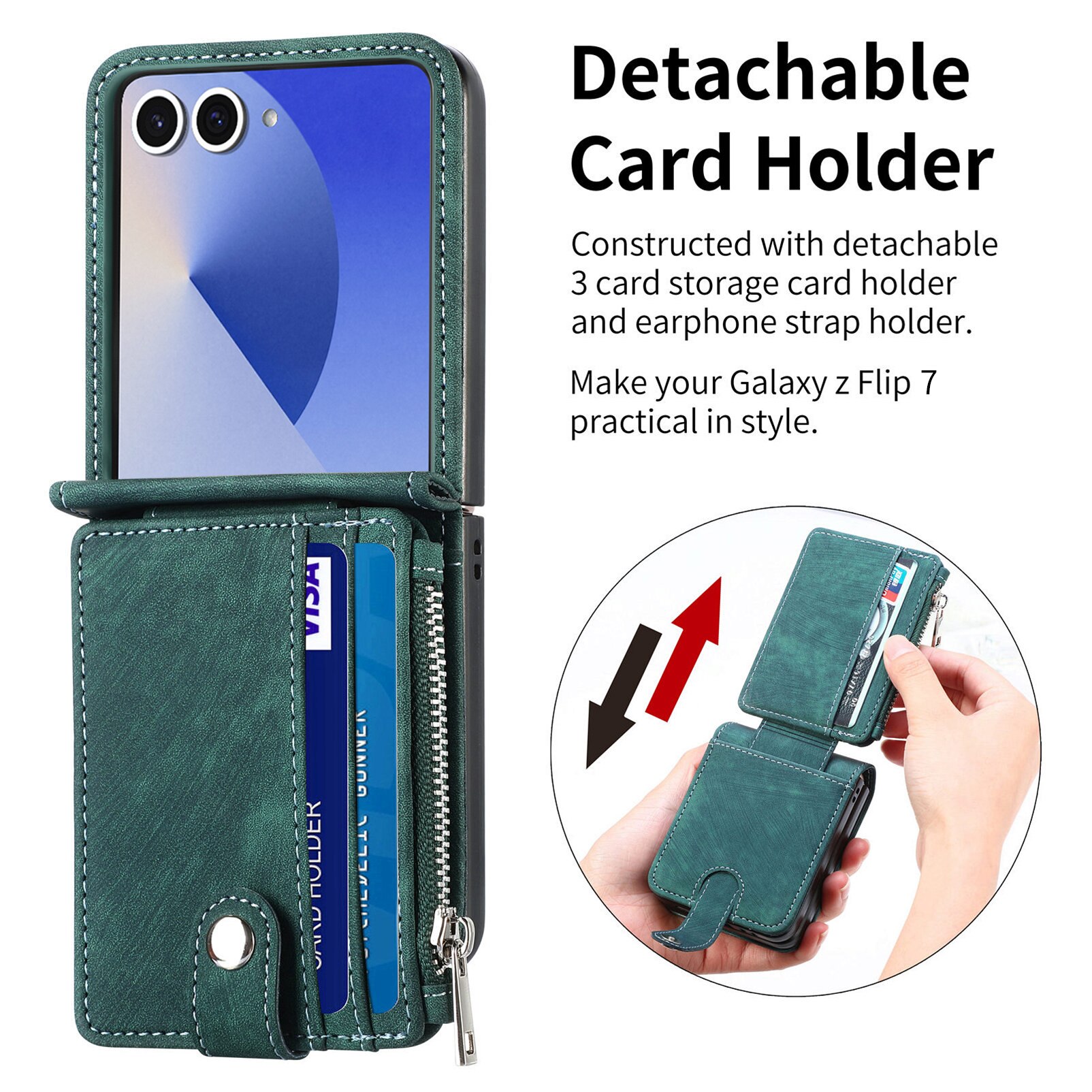 Coque portefeuille Zipper Multi-Slot Samsung Galaxy Z Flip 7, Vert