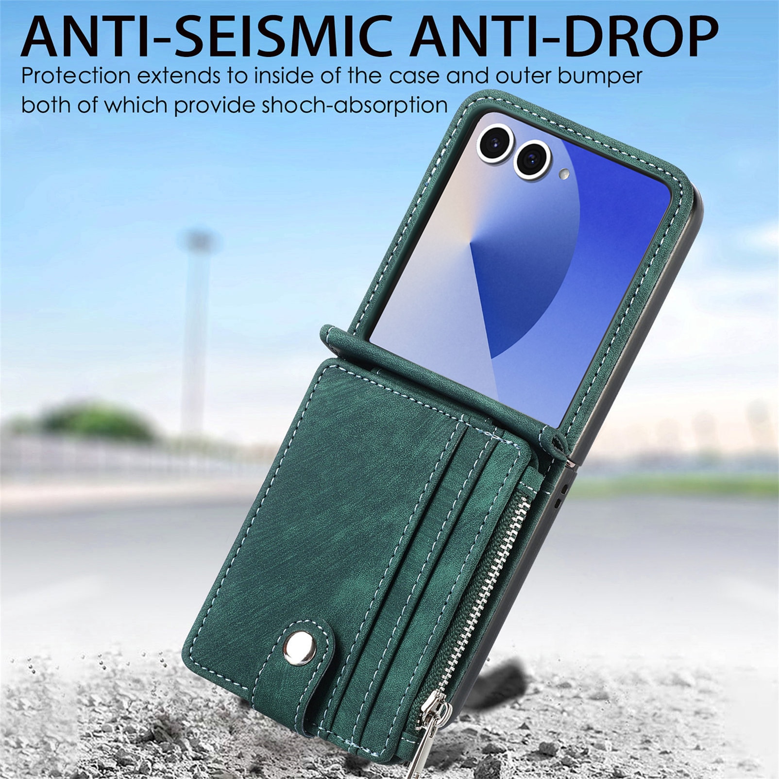 Coque portefeuille Zipper Multi-Slot Samsung Galaxy Z Flip 7, Vert