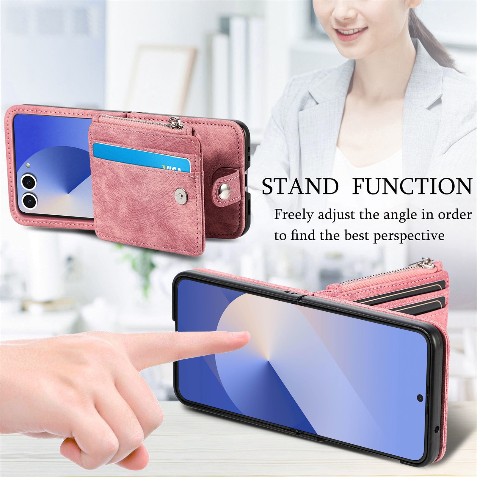 Coque portefeuille Zipper Multi-Slot Samsung Galaxy Z Flip 7, Rose