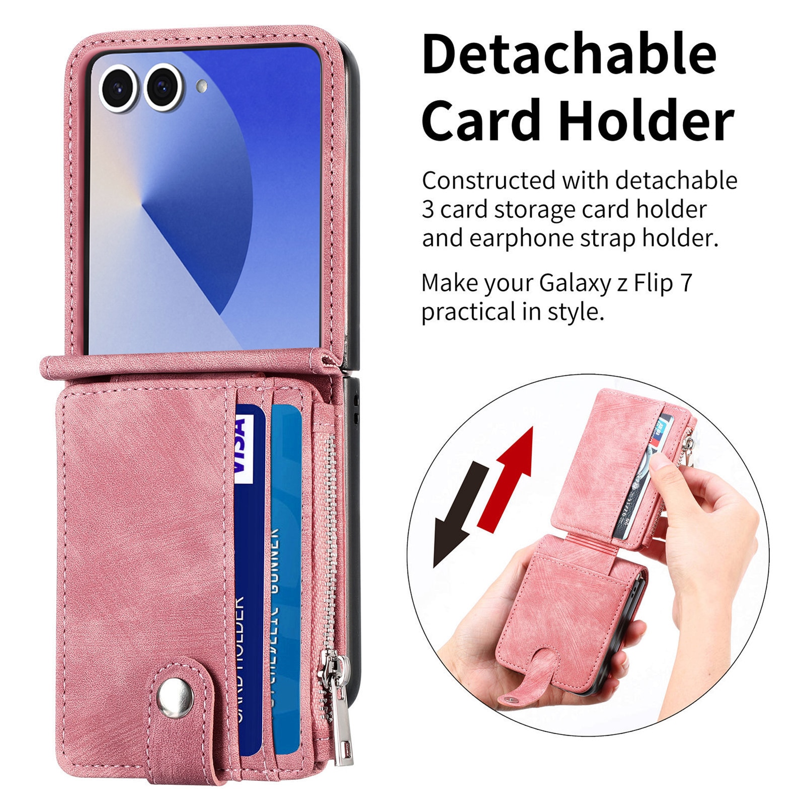 Coque portefeuille Zipper Multi-Slot Samsung Galaxy Z Flip 7, Rose