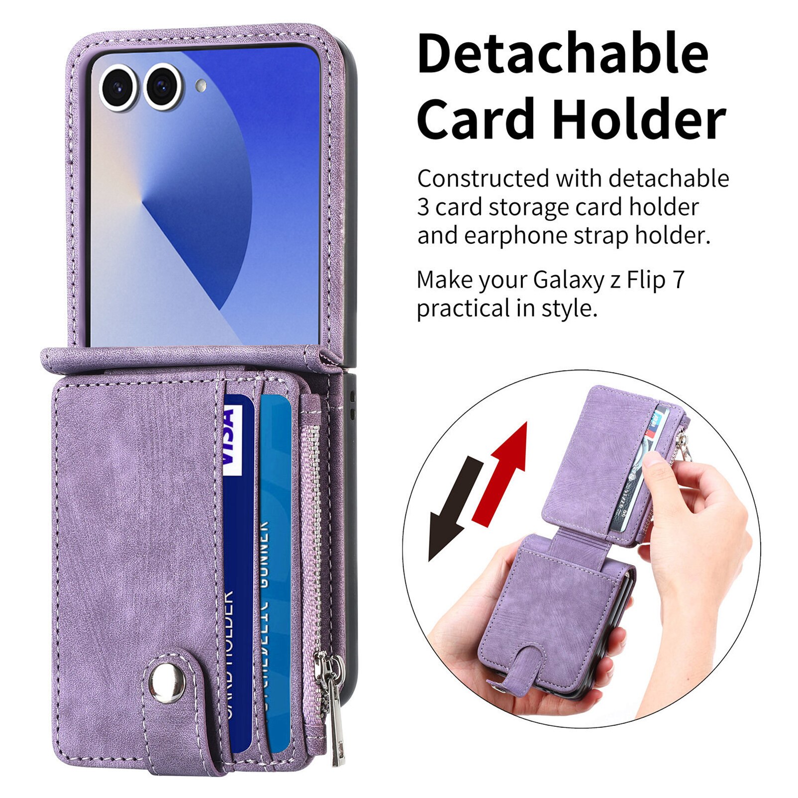 Coque portefeuille Zipper Multi-Slot Samsung Galaxy Z Flip 7, Violet